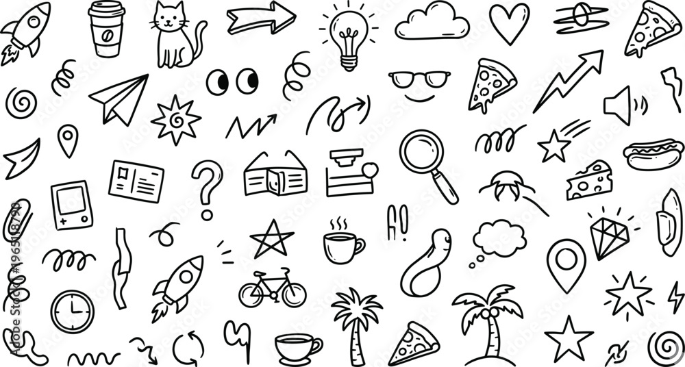 Fototapeta premium Hand drawn doodle icons set with everyday objects, creative symbols, and playful sketch elements for modern design and visual storytelling
