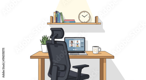 Remote Work Office Setup with Video Conference Call on Laptop