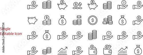 Finance line icons collection, coins money banking symbols set, savings investment payment elements, editable stroke minimalist vector icons for business and fintech design