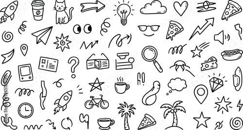 Hand drawn doodle icons set with everyday objects, creative symbols, and playful sketch elements for modern design and visual storytelling