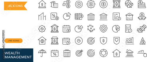 Wealth management line icons set, finance banking investment symbols, modern outline vector collection for fintech apps, analytics dashboards, business design