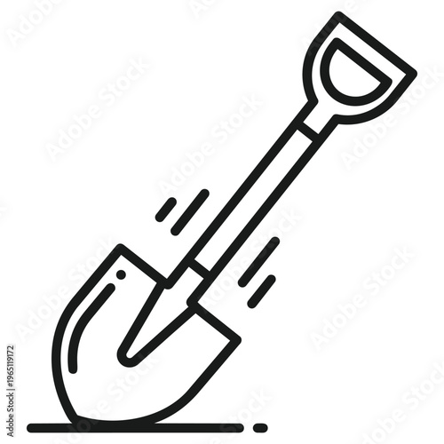 Digging Tool Icon: A sleek, minimalist line art illustration of a classic digging tool, the shovel, poised to break ground. This icon captures the essence of construction and manual labor.