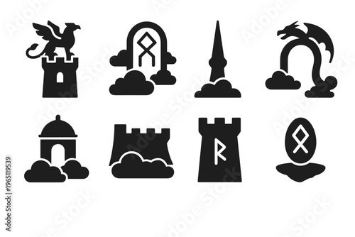 Mythic Sky Realms Icons. Mythic sky realms. Filled icon set of Mythic sky realms: griffin tower, sky rune gate