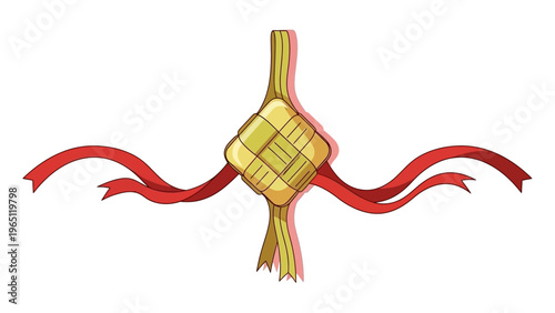 Vector Illustration of Ketupat with Red Ribbons, Festive Decoration