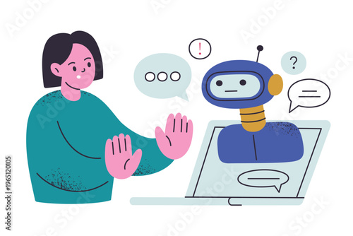 Flat cartoon girl recoiling from laptop with AI assistant in fear and anxiety. Artificial intelligence anxiety and technology distrust, digital struggles and future shock vector illustration
