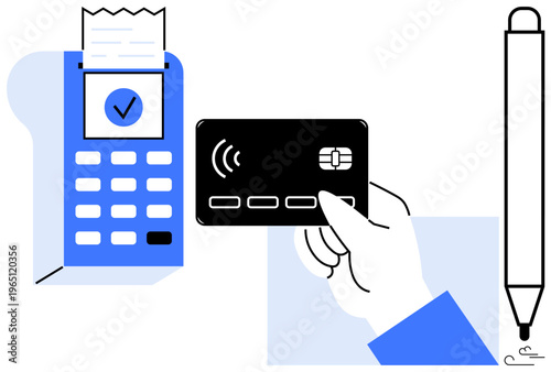 Digital transactions, financial technology, cashless payments, retail systems, online purchases, modern banking. Hand holding a card near a POS terminal with receipt. Digital transactions