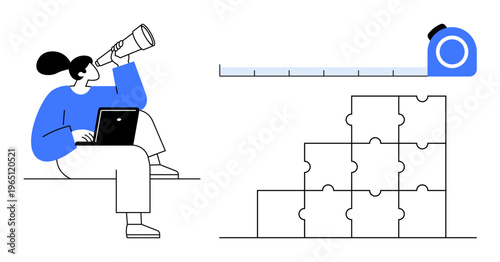 Business strategy with a woman using a telescope for market research and puzzle blocks growth planning. Business strategy aids decision-making and long-term goals. For startups, corporate planning
