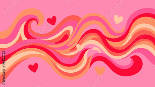 Vibrant wavy lines and hearts in pink, Red, And orange hues for Valentine's Day or love-themed designs