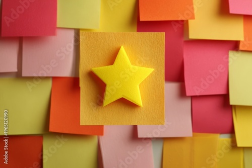 Yellow star icon on colorful sticky notes wall