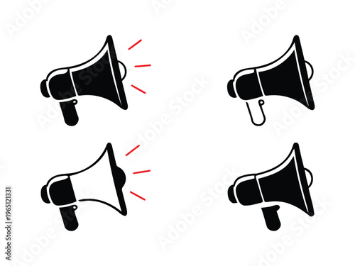 Four black megaphone icons on white background