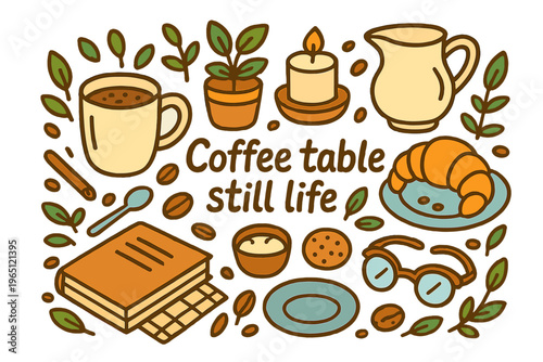 Coffee Table Essentials. Coffee table still life. Hand-drawn doodle illustration of coffee table still life.