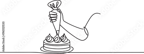 The pastry chef decorates the cake with cream using a pastry bag. one line art icon drawing vector