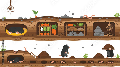 Mole Burrow Vector Collection with Cartoon Moles Digging, Storing Vegetables, Soil Layers, Worms, Rocks, and Underground Habitat Illustrations for Educational and Digital Designs