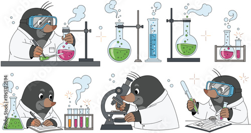 Mole Scientist Character Illustration Set with Laboratory Equipment, Chemistry Experiments, and Scientific Research for Educational, Fun, and Animal Design