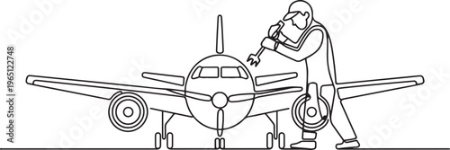 Aircraft mechanics perform maintenance and repairs on aircraft. They are responsible for the safety and serviceability of engines, electronics, hydraulics, one line art icon drawing vector