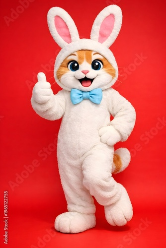 Full-body, friendly anthropomorphic cat wearing a fluffy Easter bunny mascot costume, standing on a solid vibrant red background.