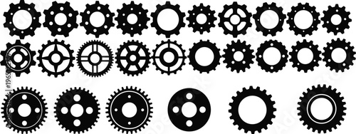 Black gear and cogwheel silhouette collection in rows, mechanical engineering components design, industrial machinery parts illustration for technology concepts
