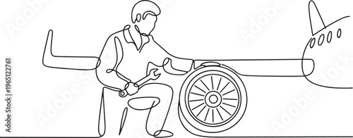 Aircraft mechanics perform maintenance and repairs on aircraft. They are responsible for the safety and serviceability of engines, electronics, hydraulics, one line art icon drawing vector