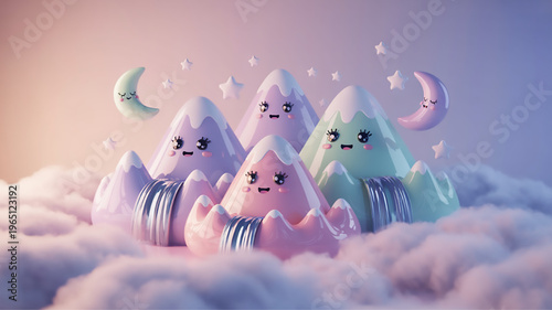 Cute kawaii mountains with smiling faces and crescent moons dreamy pastel landscape illustration for childrens books and fantasy themes