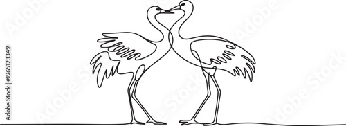 A pair of cranes flirt with each other. Beautiful birds. World Crane Day. one line art icon drawing vector
