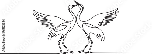 A pair of cranes flirt with each other. Beautiful birds. World Crane Day. one line art icon drawing vector
