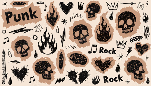 Punk rock doodle set with hand drawn skulls and flames, edgy grunge aesthetic vector elements, gothic streetwear graphic collection