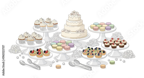 Elegant Dessert Buffet Table with Wedding Cake, Cupcakes, Macarons, and Fruit Tarts