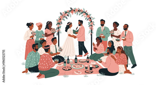 Diverse Wedding Ceremony with Friends and Family Gathering Outdoors