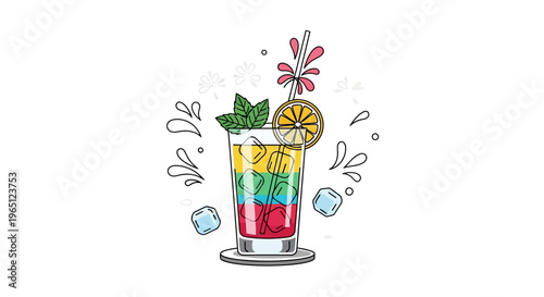 Colorful Layered Cocktail with Ice, Mint, and Orange Slice - Vector Illustration