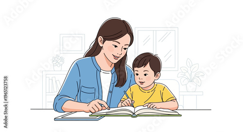 Mother and Son Reading Together, Learning and Bonding in a Cozy Home Environment