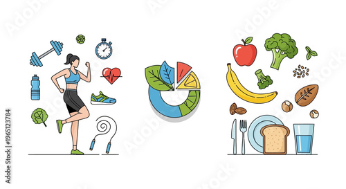 Healthy Lifestyle: Fitness, Diet, Nutrition, and Balanced Eating Icons