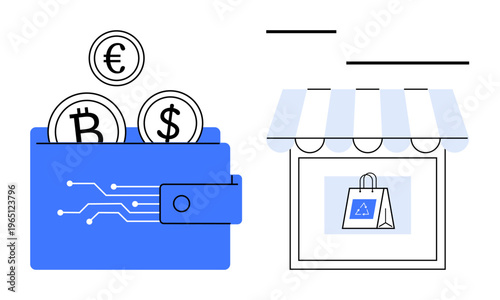 E-commerce solutions, cryptocurrency transactions, online payment systems, blockchain technology, digital trade, financial innovation. Digital wallet with cryptocurrency coins and storefront icon