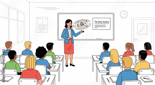Teacher explaining solar system to diverse students in classroom, illustration