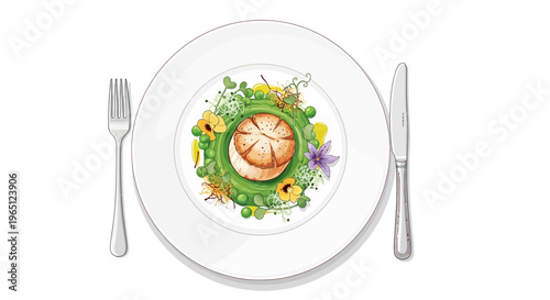 Gourmet Seared Scallop Dish with Peas and Edible Flowers on White Plate
