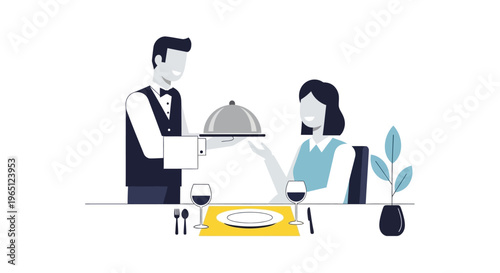 Waiter serving food to woman in restaurant, fine dining, elegant service, flat vector illustration