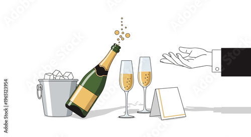 Champagne bottle pouring into glasses with ice bucket and hand, celebration concept