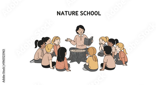Nature School Teacher Reading Book to Children Outdoors