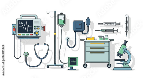 Medical Equipment Assortment: ECG Machine, IV Drip, Syringes, Microscope, Stethoscope