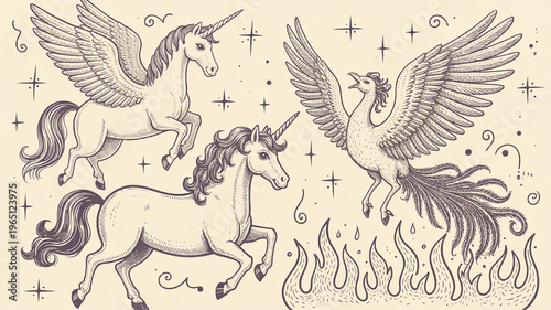 Mythical creatures illustration featuring a winged unicorn a phoenix rising from flames and a galloping unicorn hand-drawn sketch style for fantasy art and design