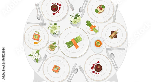 Elegant Dining Table Setting with Gourmet Appetizers and Floral Centerpiece