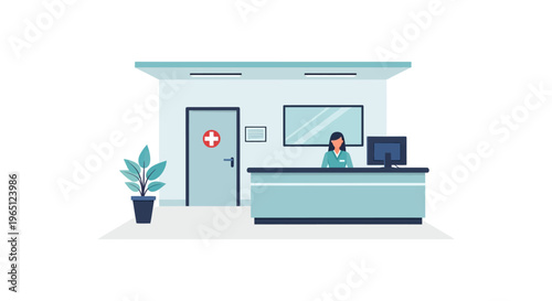 Medical reception area with attendant, door, plant, and computer