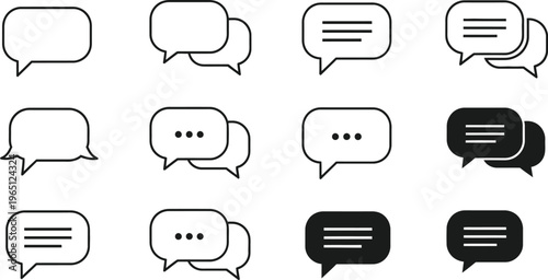 A comprehensive collection of various chat bubble icons, including outline and solid fill styles, representing messaging, conversation, and typing indicators for digital interfaces.