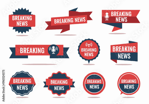 Collection of Breaking News Labels and Badges with Microphone Icons on White Background