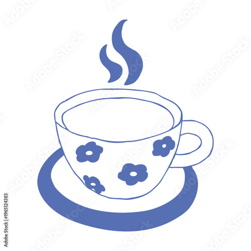 Whimsical hand drawn cup of hot tea with steam in cute doodle style. Cozy tea drink illustration perfect for cafe menu, kitchen decor, tea packaging, stickers and food themed graphic design.
