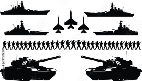 Black silhouette illustration of battleships, aircraft, soldiers, and tanks, military forces concept, naval, air, and ground design