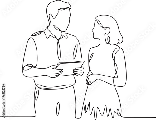 Minimalist Line Art Couple Discussing Together – Communication, Planning and Modern Relationship Concept
