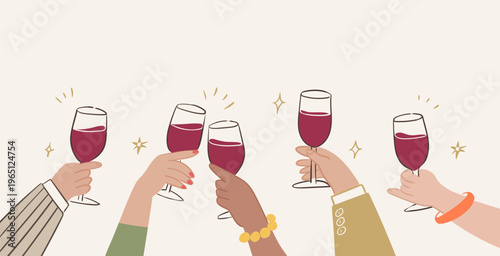 부드럽고 우아한 컬러의 손과 와인잔 건배 미니멀 일러스트