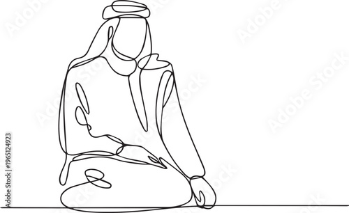 Minimalist Line Art Arab Man Writing – Middle Eastern Culture, Education and Business Concept
