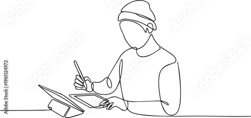 Minimalist Line Art Digital Artist Drawing on Tablet – Creative Design, Illustration and Freelance Work Concept
