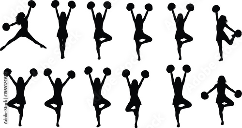 Black silhouette illustration of cheerleaders holding pom-poms in dynamic poses, energetic dance routine concept, sports spirit and performance design